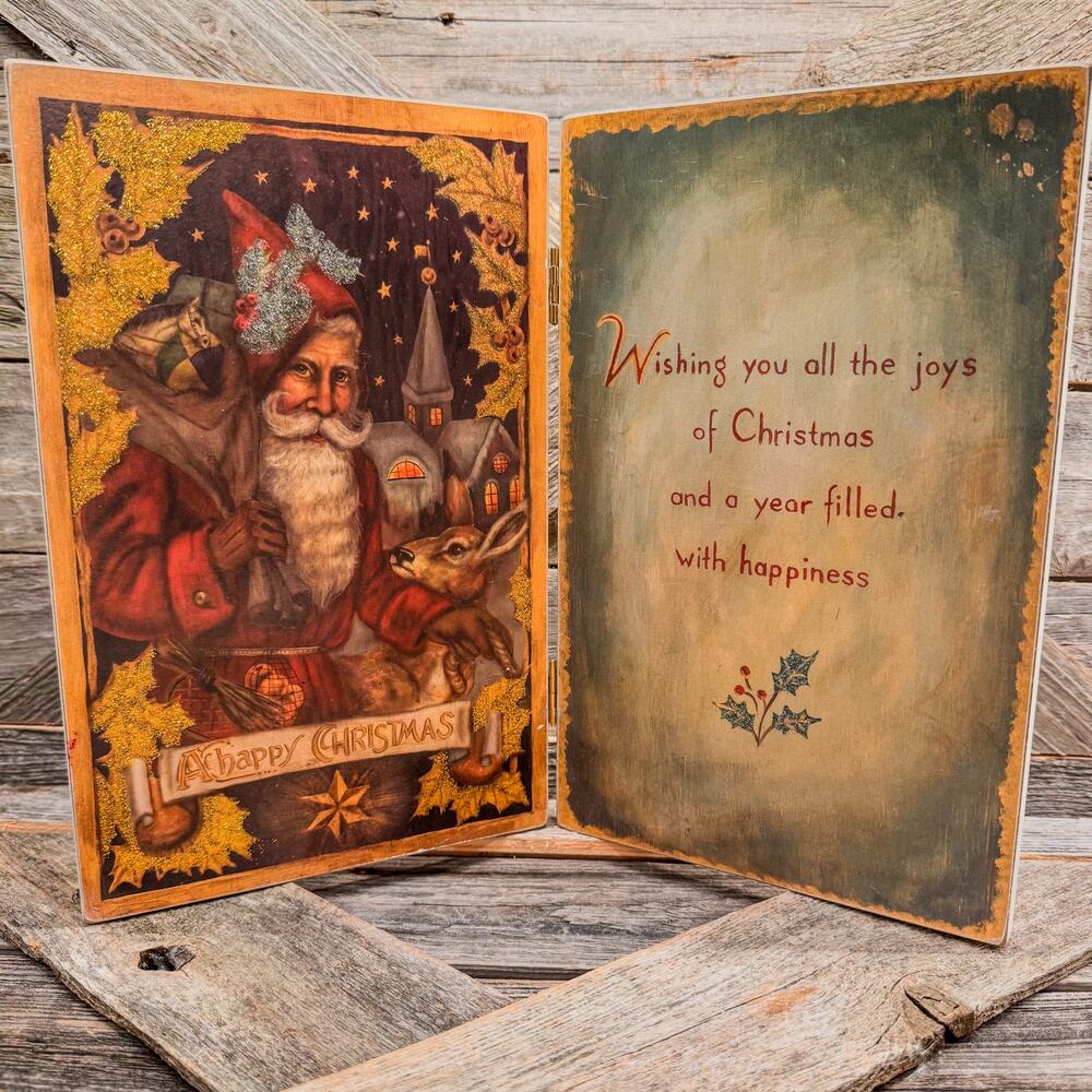 Vintage Old World Santa 10" Wooden Folding Screen Plaque Reindeer Christmas Sign
